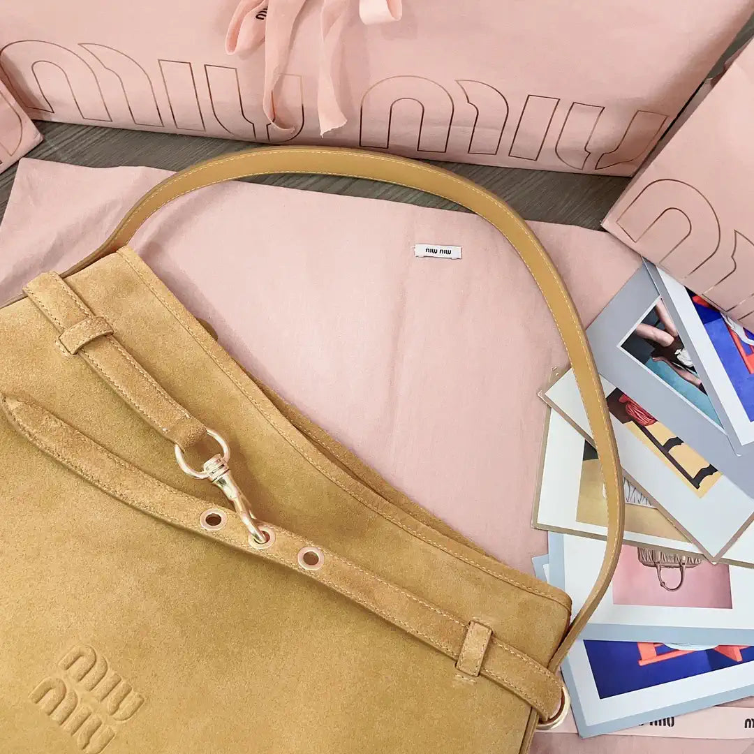 MiuMiu 5BC181 Aventure Suede leather bag Camel