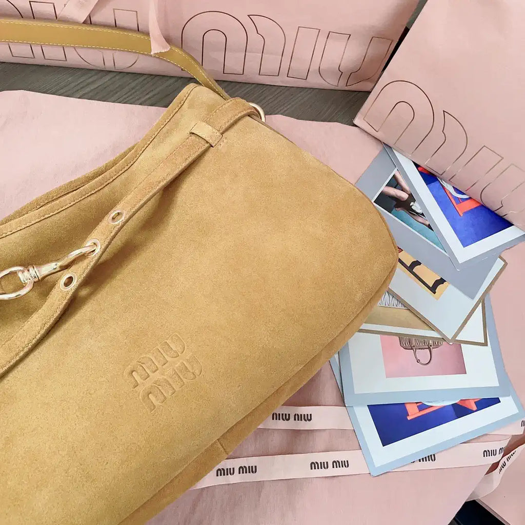 MiuMiu 5BC181 Aventure Suede leather bag Camel