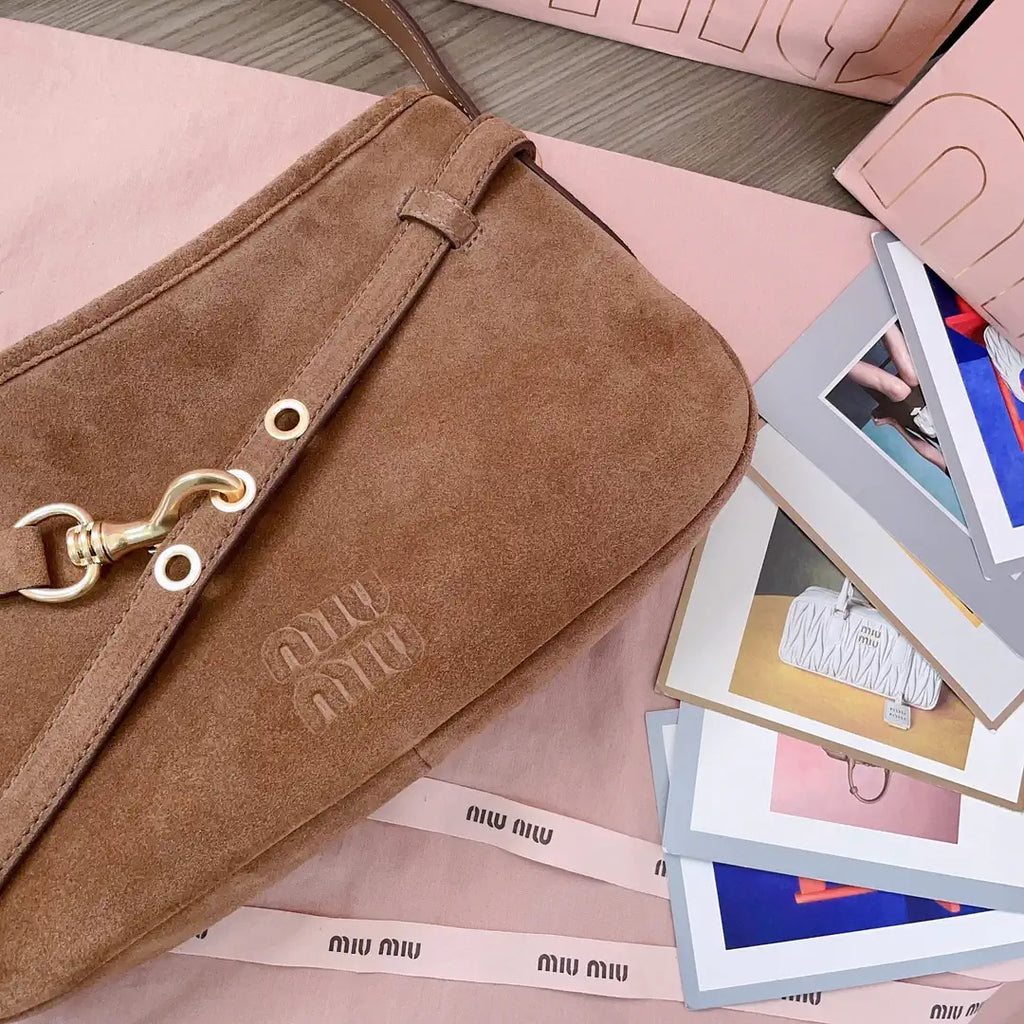 MiuMiu 5BC182 Aventure Sued leather Small bag Brown