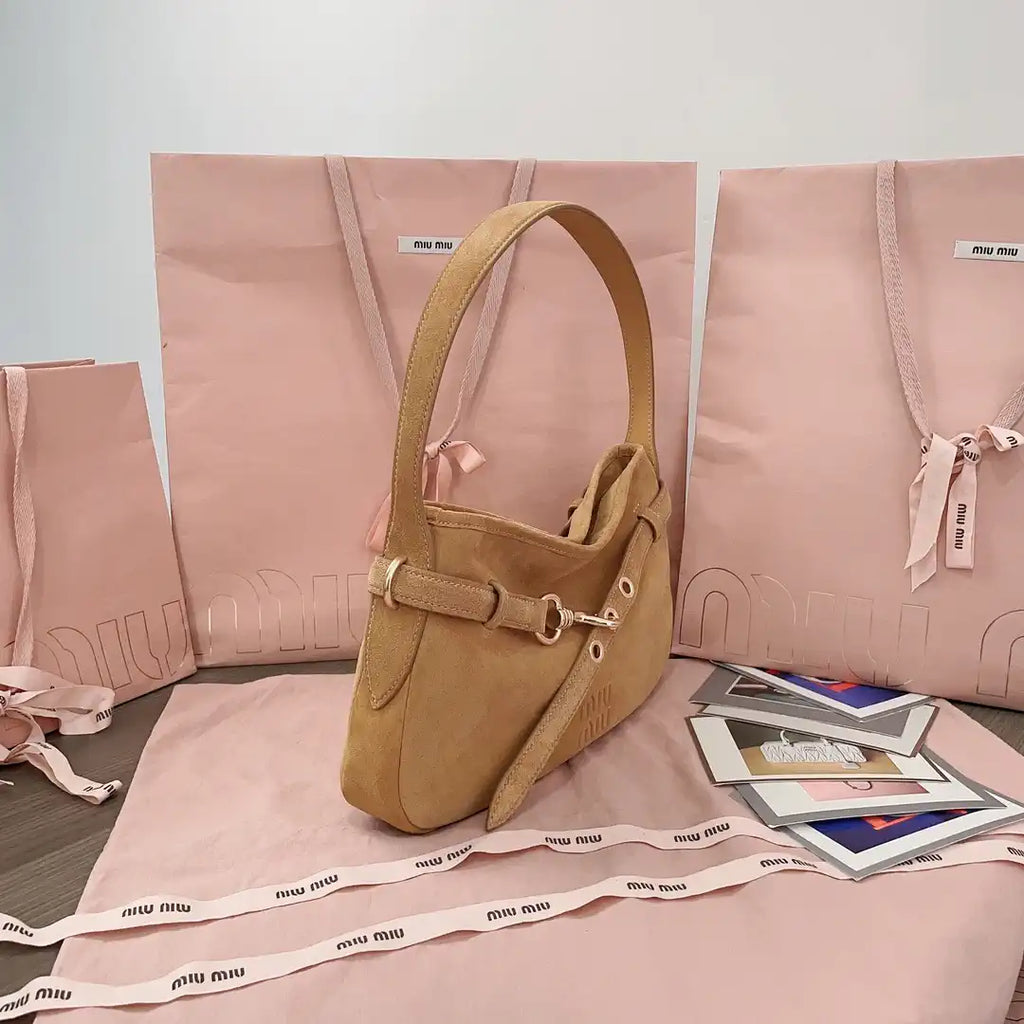 MiuMiu 5BC182 Aventure Sued leather Small bag Camel