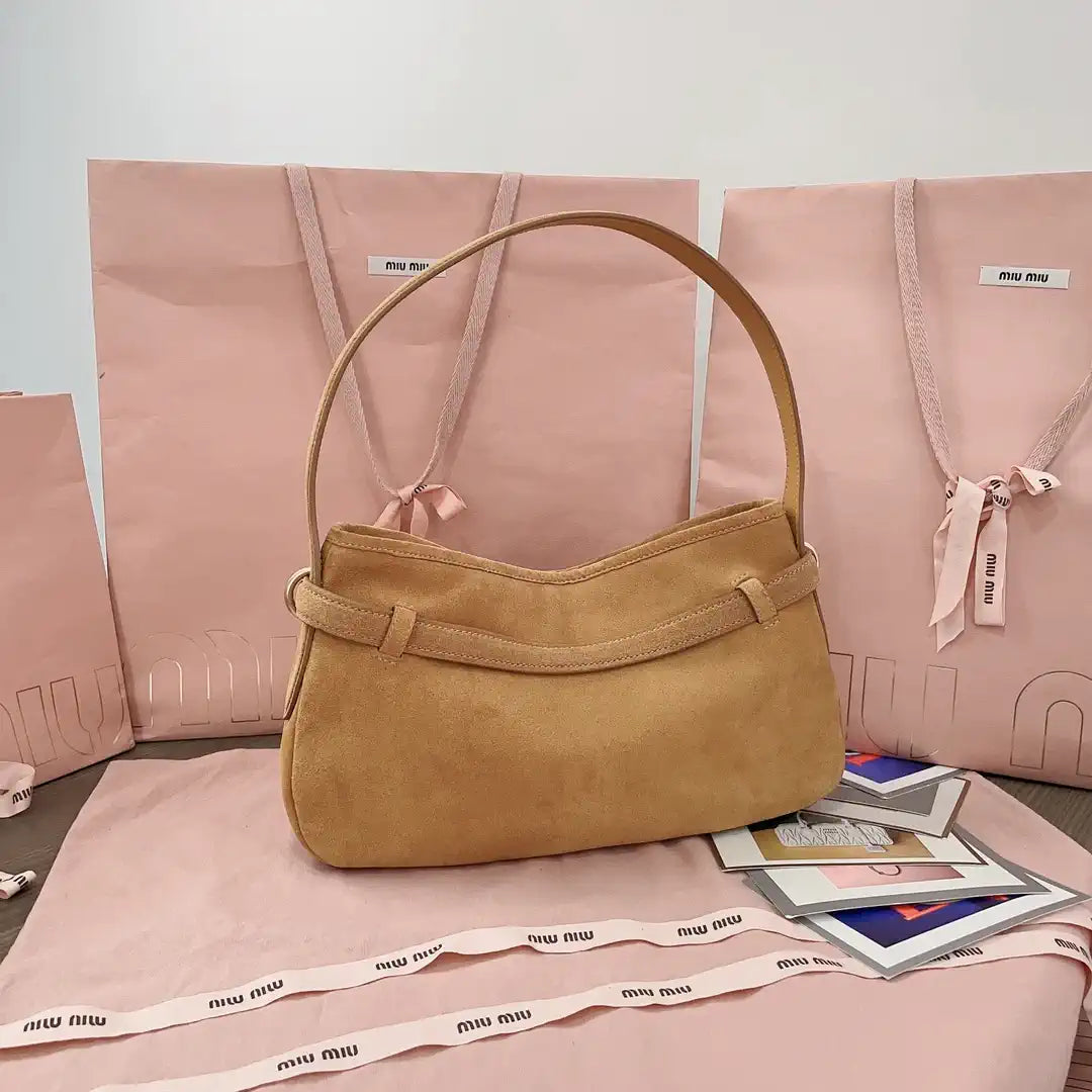 MiuMiu 5BC182 Aventure Sued leather Small bag Camel