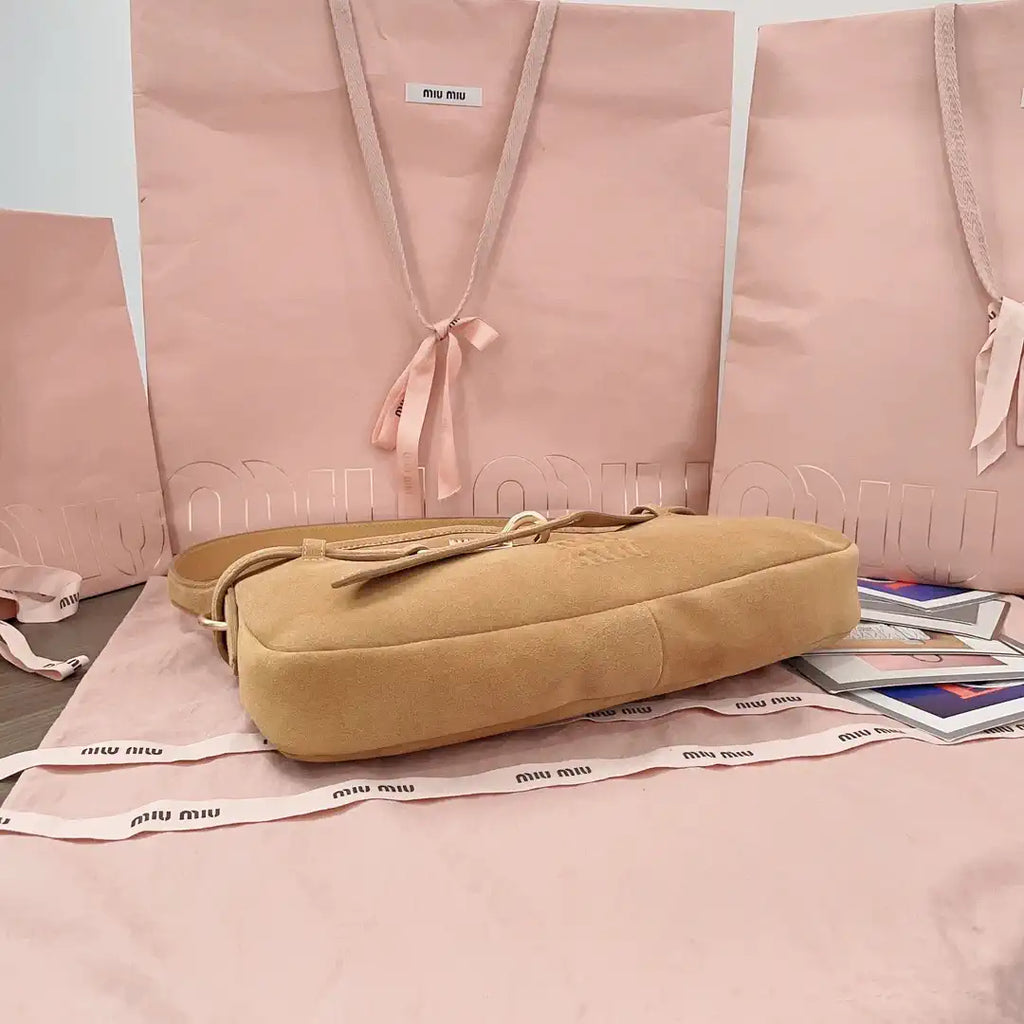 MiuMiu 5BC182 Aventure Sued leather Small bag Camel
