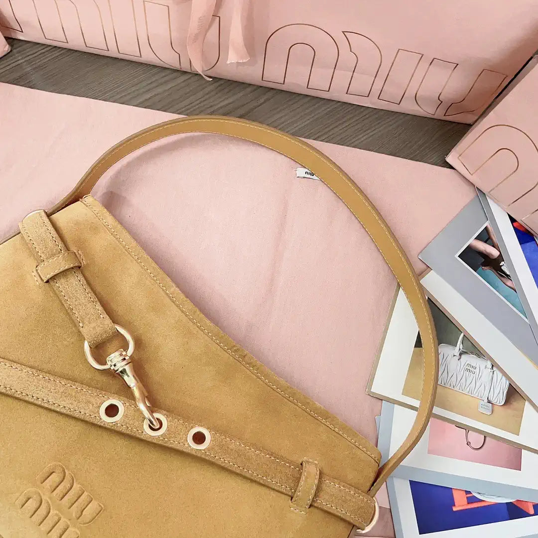 MiuMiu 5BC182 Aventure Sued leather Small bag Camel