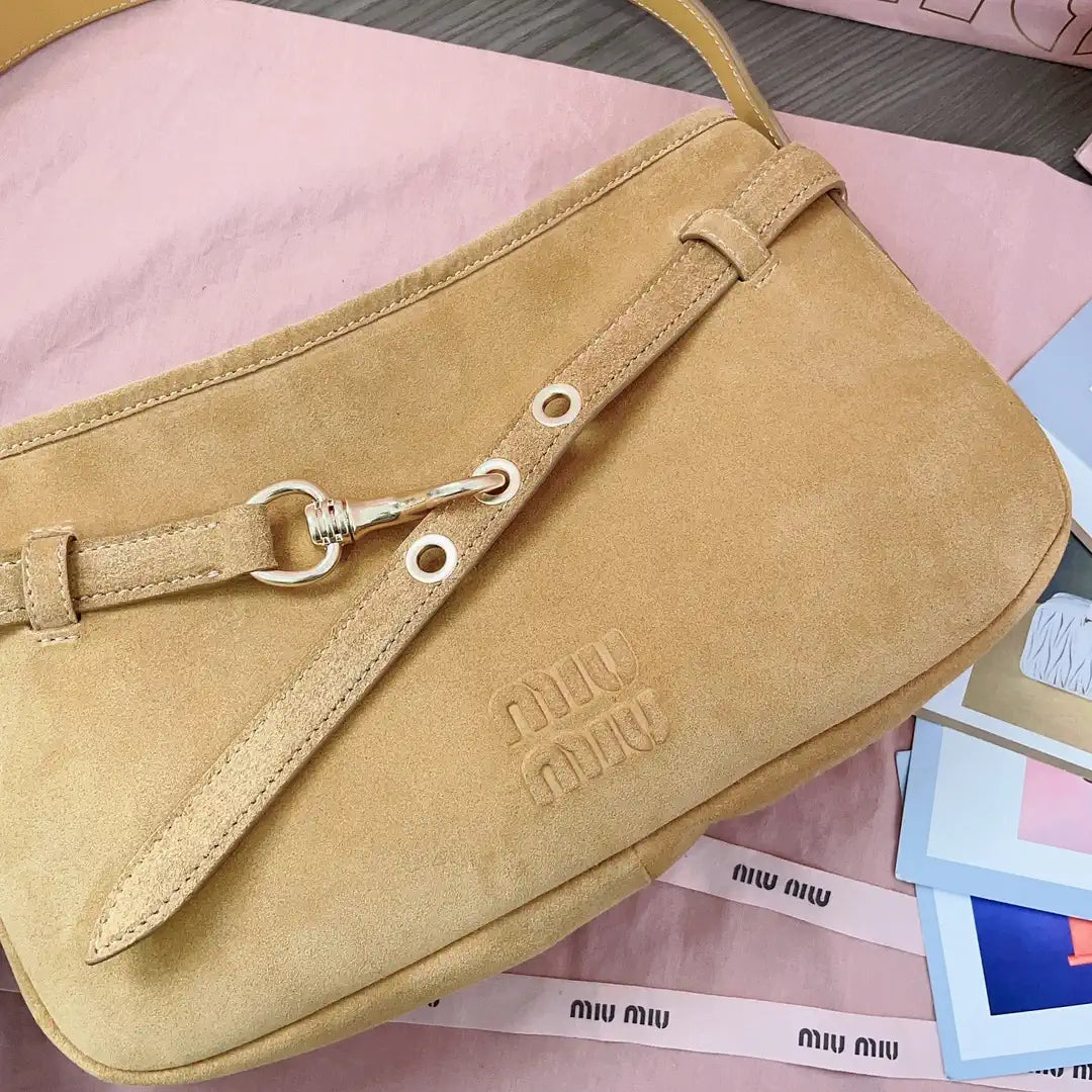 MiuMiu 5BC182 Aventure Sued leather Small bag Camel