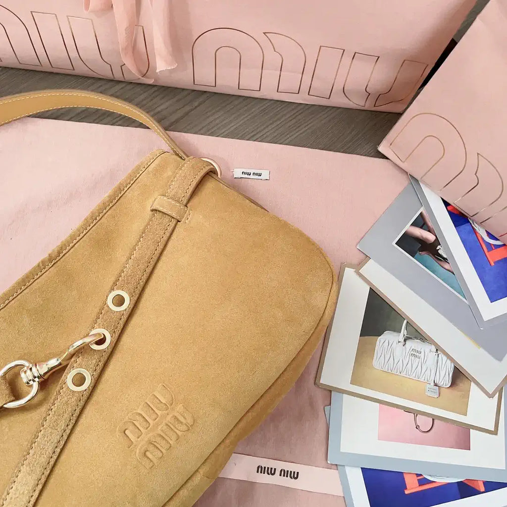 MiuMiu 5BC182 Aventure Sued leather Small bag Camel