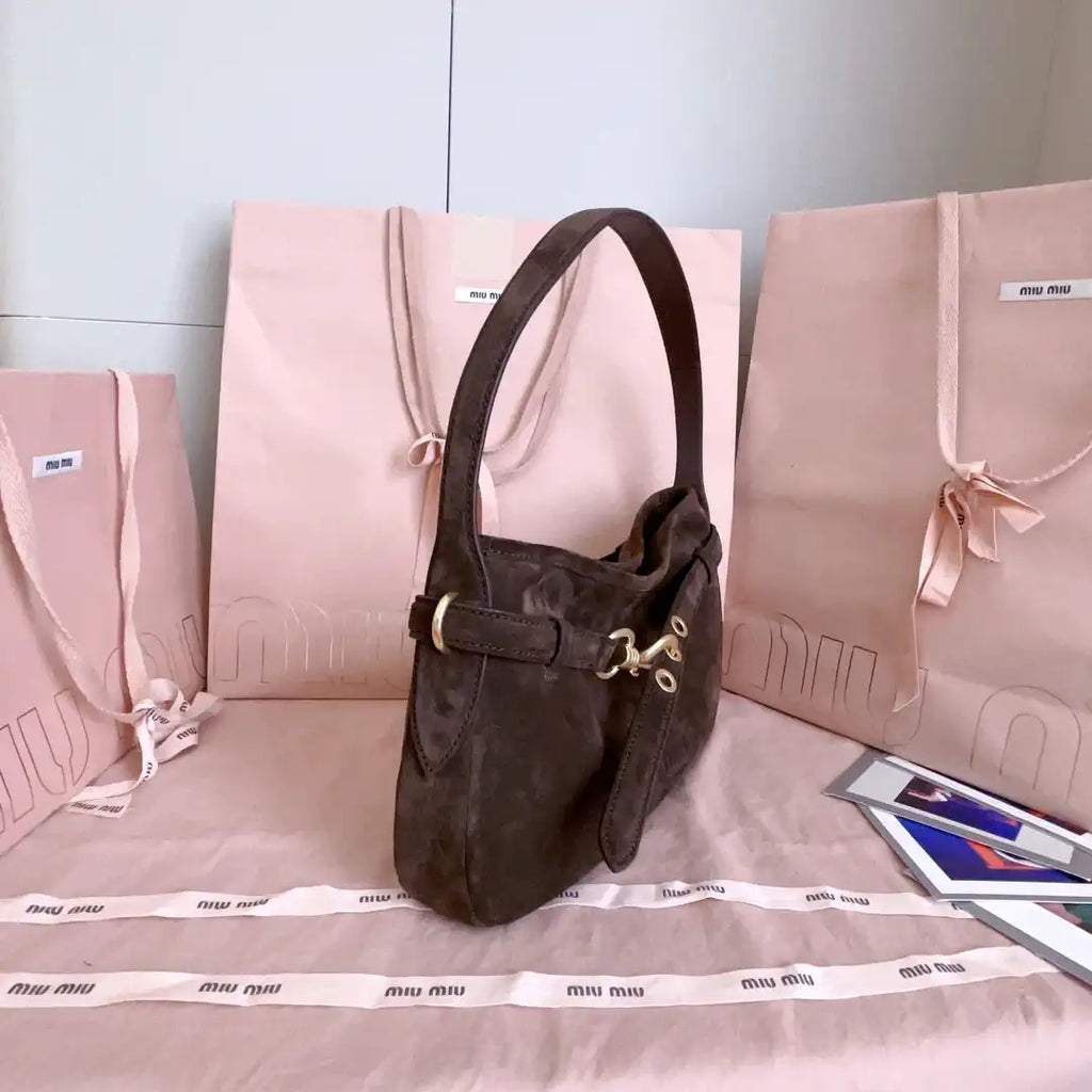 MiuMiu 5BC182 Aventure Sued leather Small bag Dark Brown