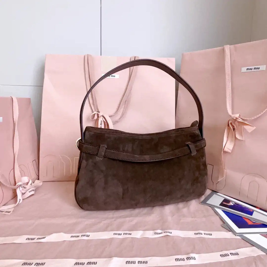 MiuMiu 5BC182 Aventure Sued leather Small bag Dark Brown