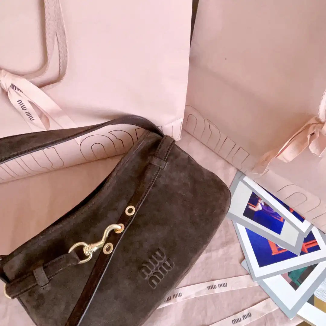 MiuMiu 5BC182 Aventure Sued leather Small bag Dark Brown