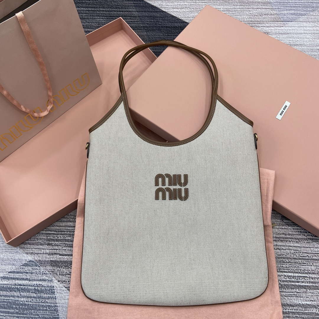 MiuMiu 5BG231 IVY Canvas and Leather Bag Beige/Brandy