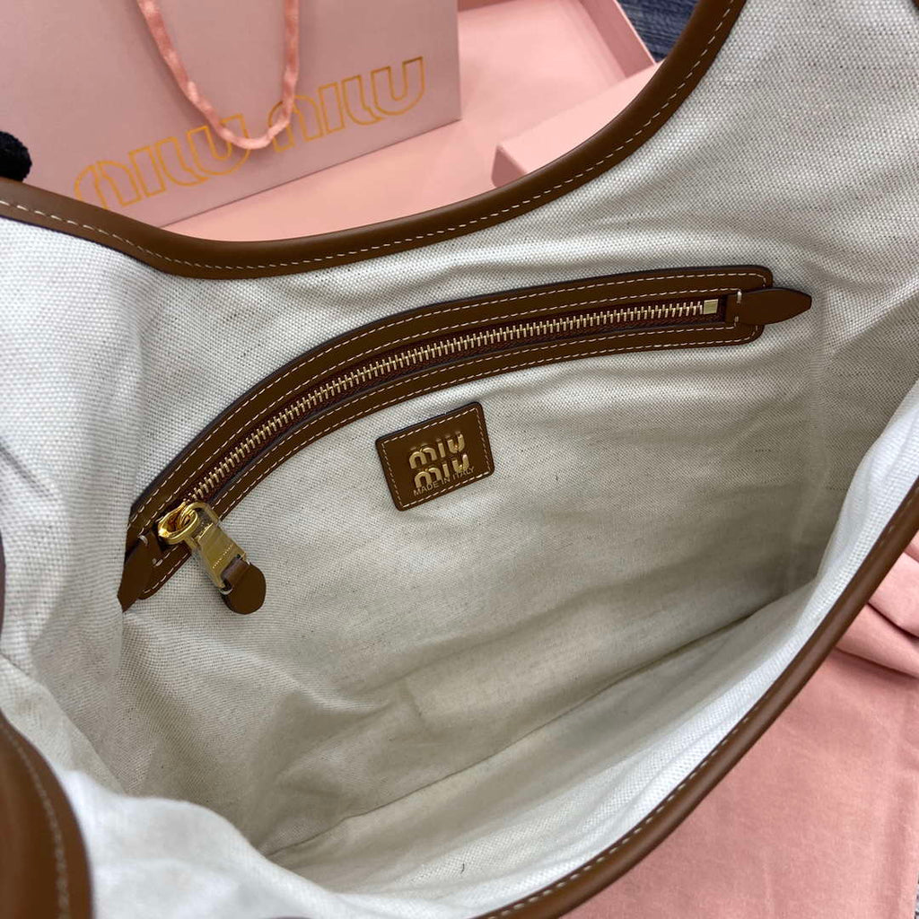 MiuMiu 5BG231 IVY Canvas and Leather Bag Beige/Brandy