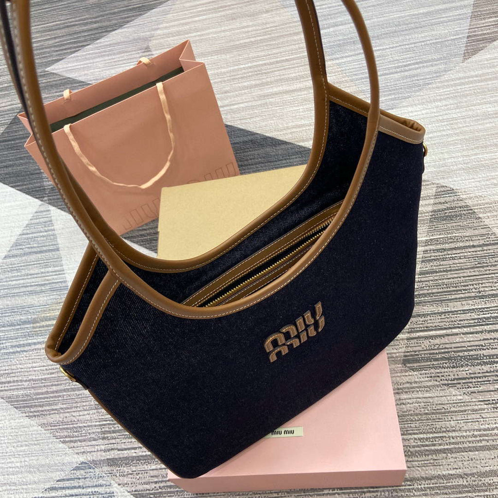 MiuMiu 5BG231 IVY Canvas and Leather Bag Black denim