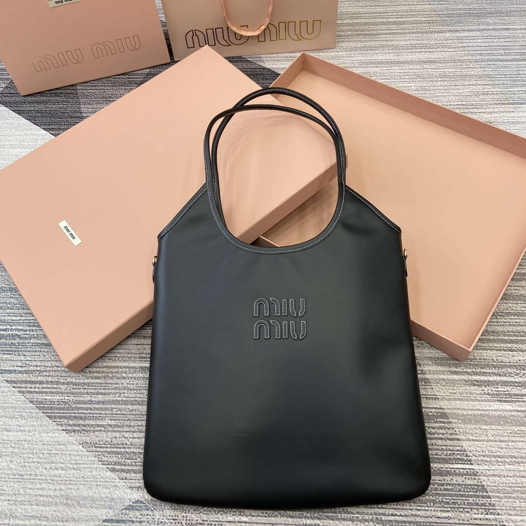 MiuMiu 5BG231 IVY Cowhide Tote Shoulder Bag Black