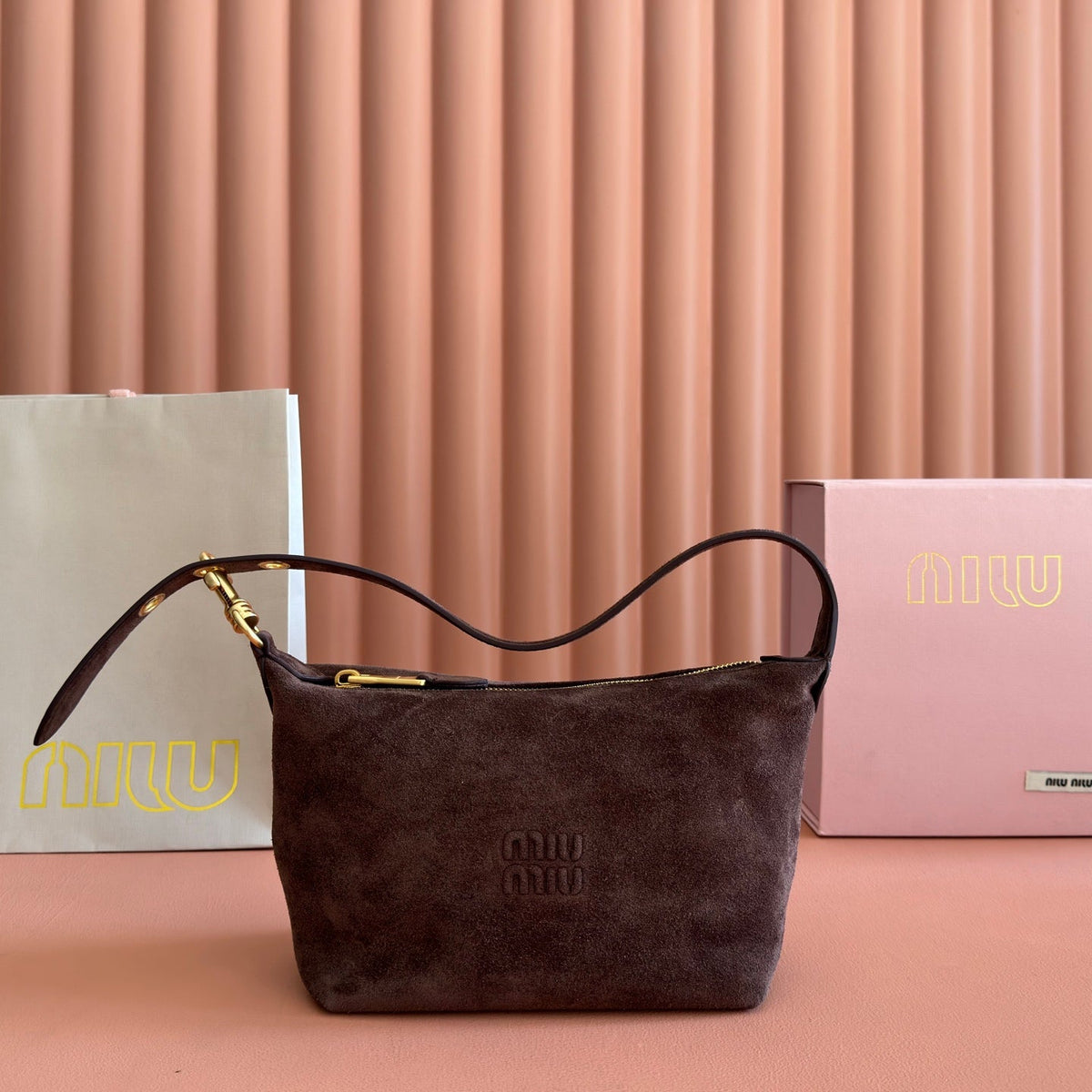 MiuMiu 5NE841 Spirit suede pouch Dark Brown