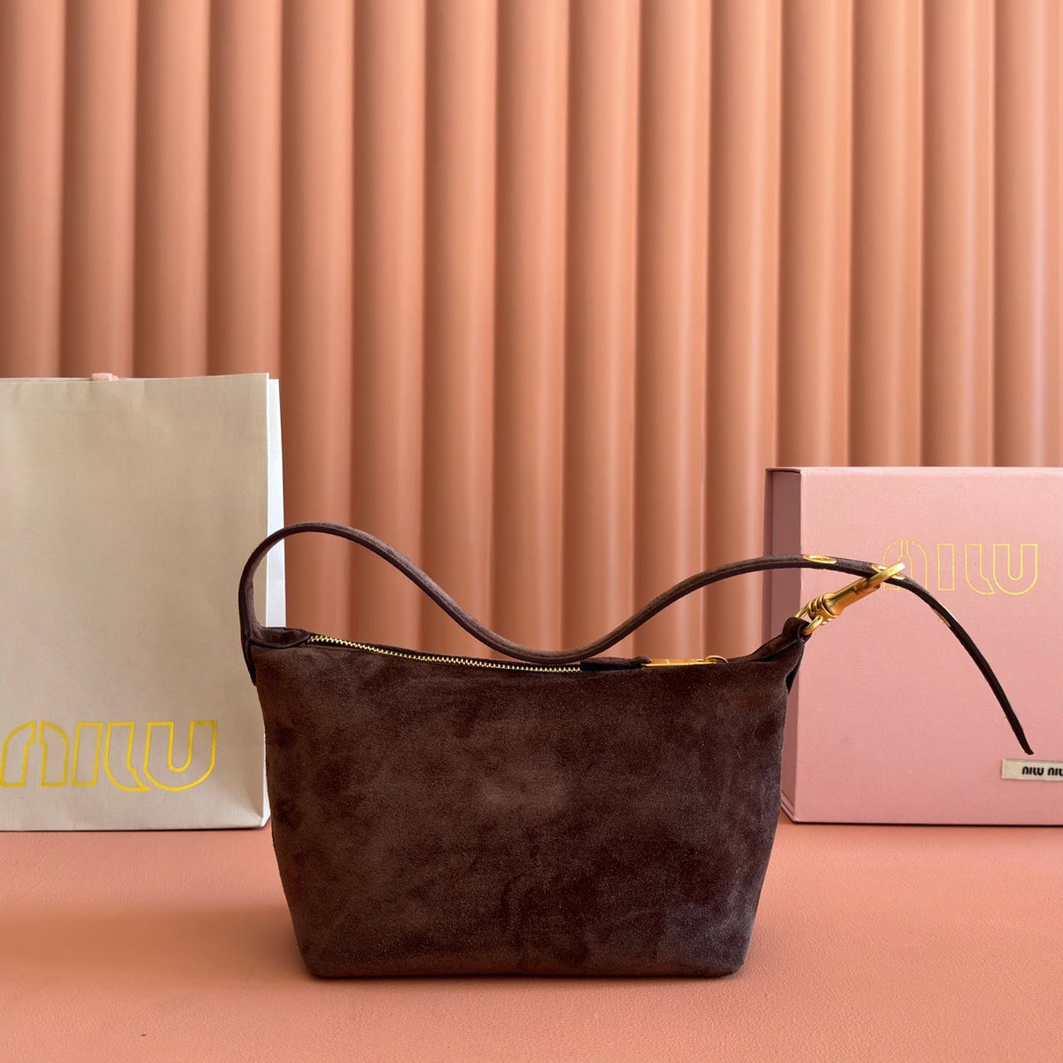 MiuMiu 5NE841 Spirit suede pouch Dark Brown