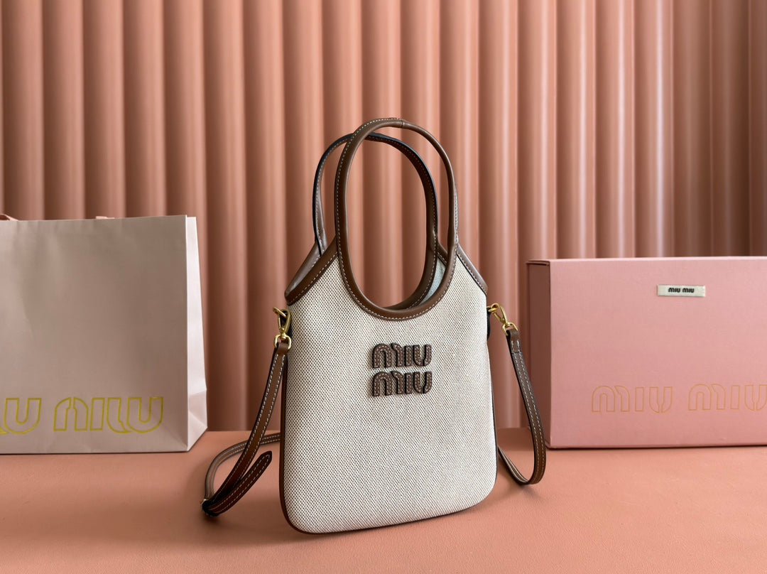 MiuMiu Ivy canvas and leather bag 5BA281 Beige