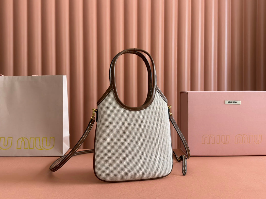 MiuMiu Ivy canvas and leather bag 5BA281 Beige