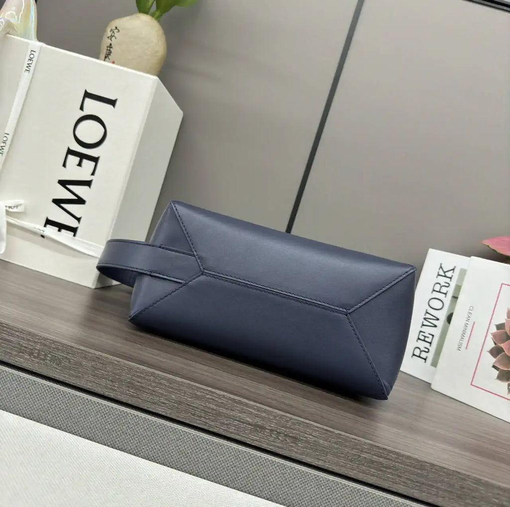 Loewe 052403 Shiny Calf Leather Toiletry Bag from Puzzle Fold Navy Blue