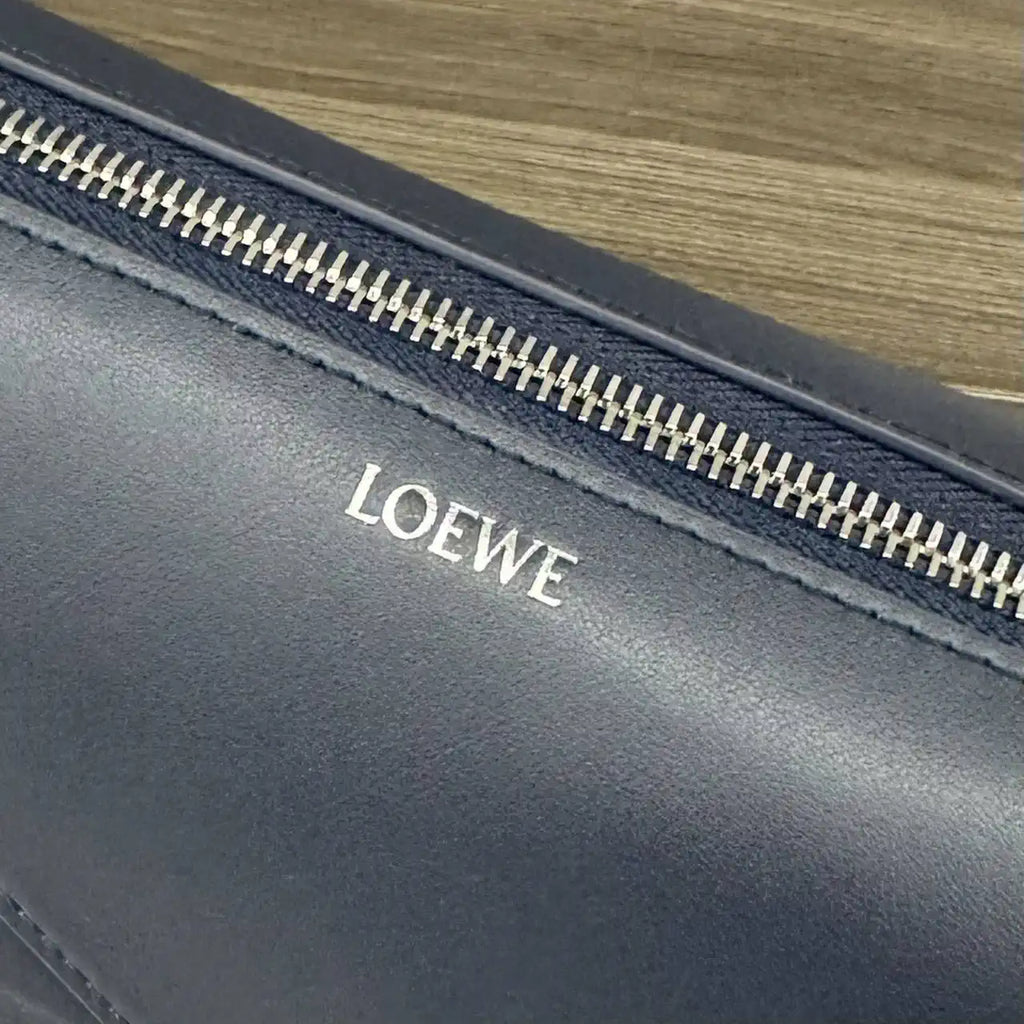 Loewe 052403 Shiny Calf Leather Toiletry Bag from Puzzle Fold Navy Blue