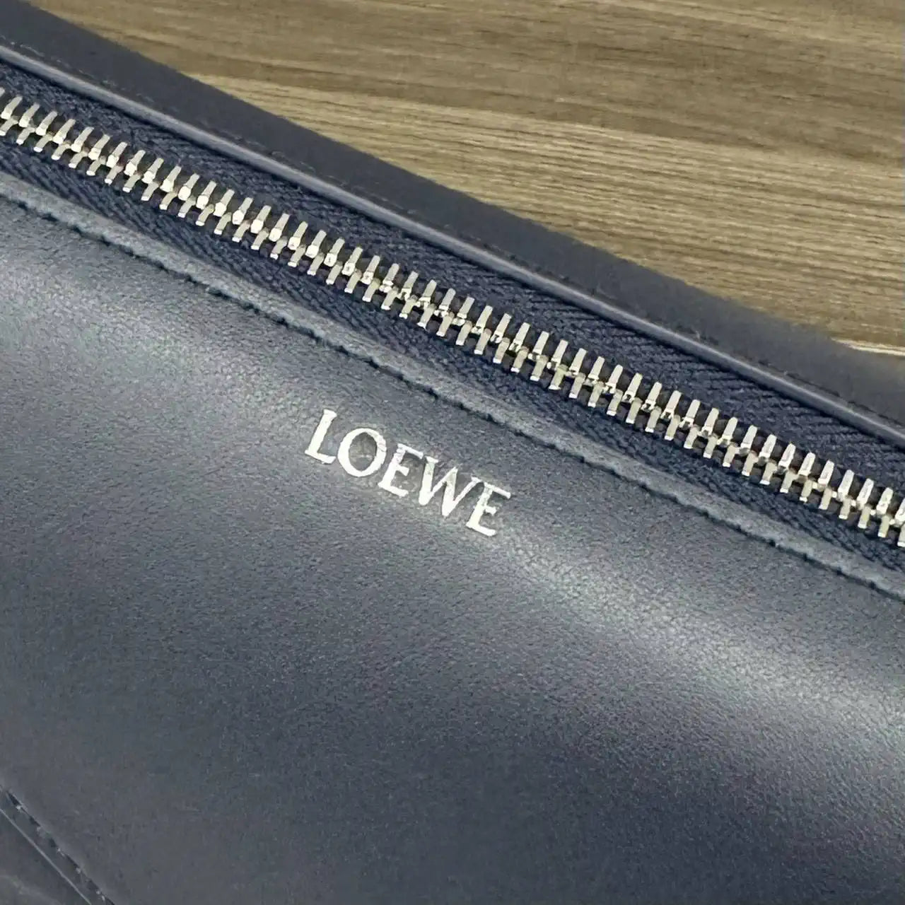 Loewe 052403 Shiny Calf Leather Toiletry Bag from Puzzle Fold Navy Blue