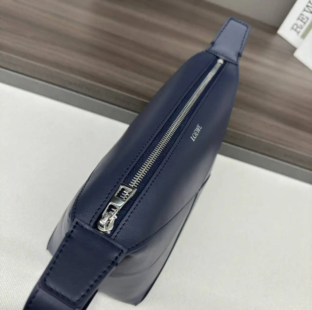 Loewe 052403 Shiny Calf Leather Toiletry Bag from Puzzle Fold Navy Blue