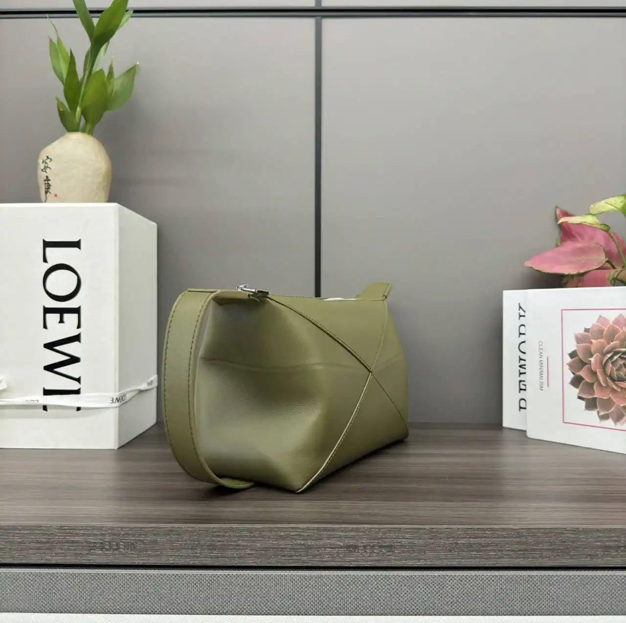 Loewe 052403 Shiny Calf Leather Toiletry Bag from Puzzle Fold Green