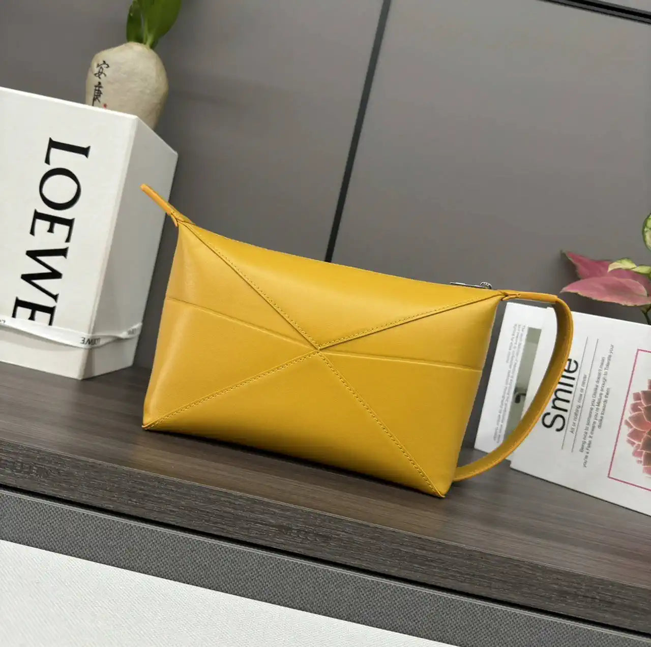 Loewe 052403 Shiny Calf Leather Toiletry Bag from Puzzle Fold Yellow