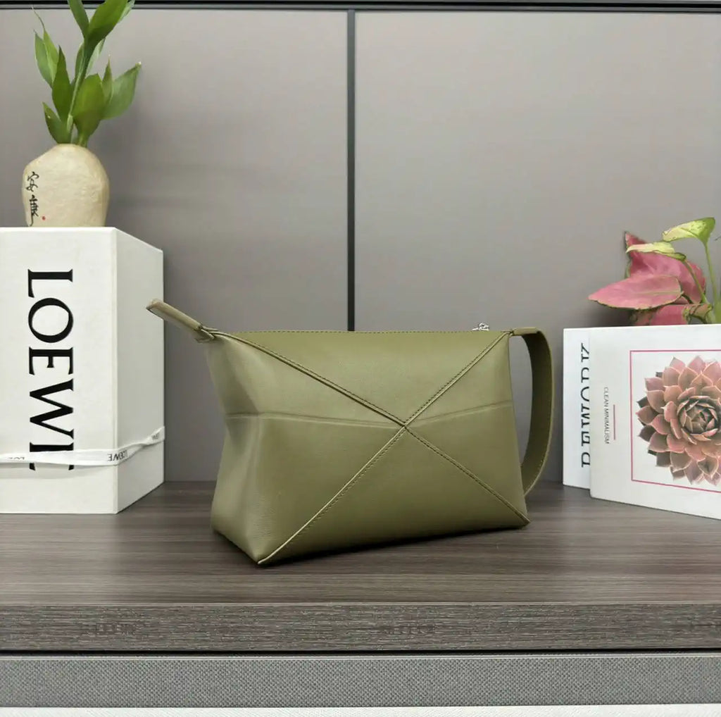 Loewe 052403 Shiny Calf Leather Toiletry Bag from Puzzle Fold Green