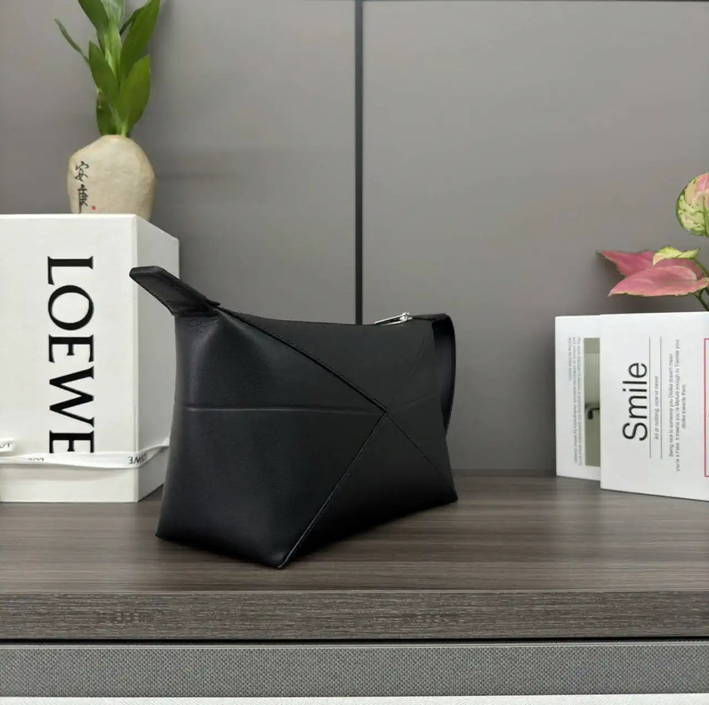 Loewe 052403 Shiny Calf Leather Toiletry Bag from Puzzle Fold Black