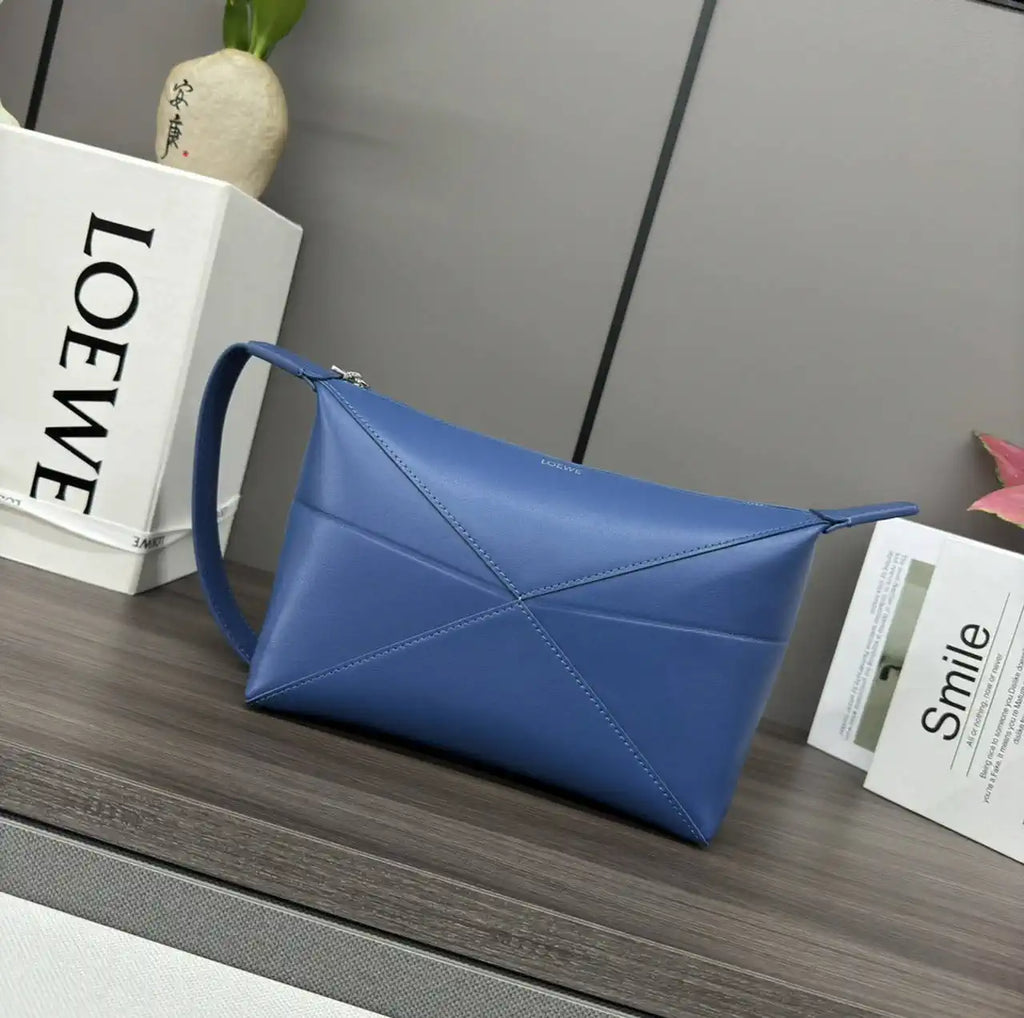 Loewe 052403 Shiny Calf Leather Toiletry Bag from Puzzle Fold Blue