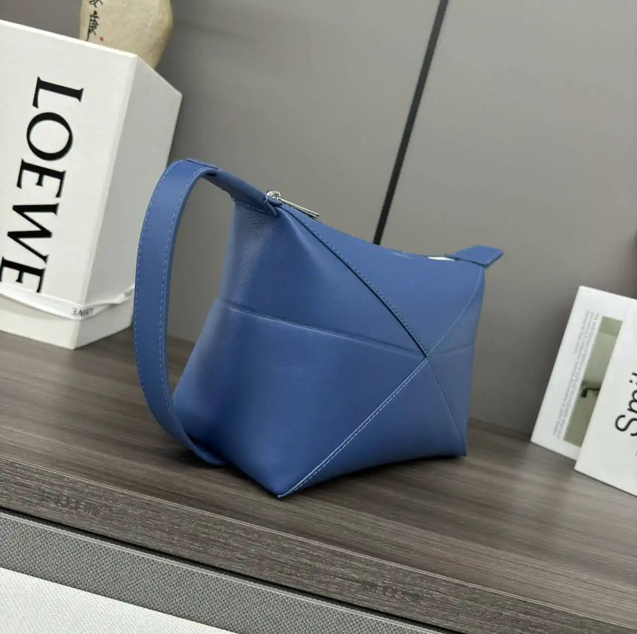 Loewe 052403 Shiny Calf Leather Toiletry Bag from Puzzle Fold Blue