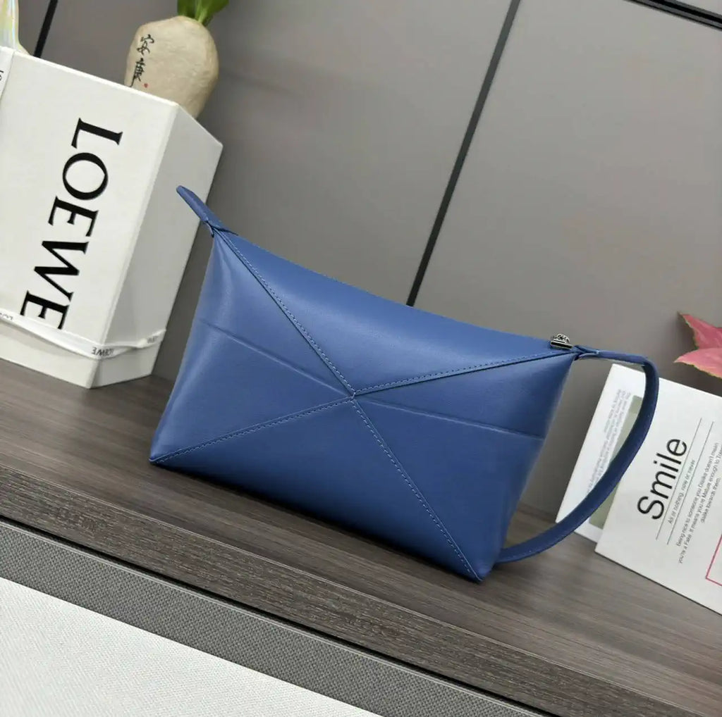 Loewe 052403 Shiny Calf Leather Toiletry Bag from Puzzle Fold Blue