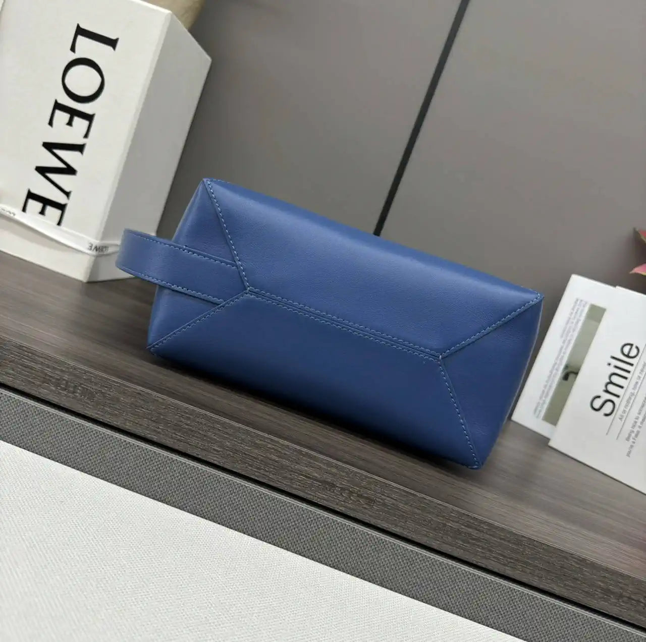 Loewe 052403 Shiny Calf Leather Toiletry Bag from Puzzle Fold Blue
