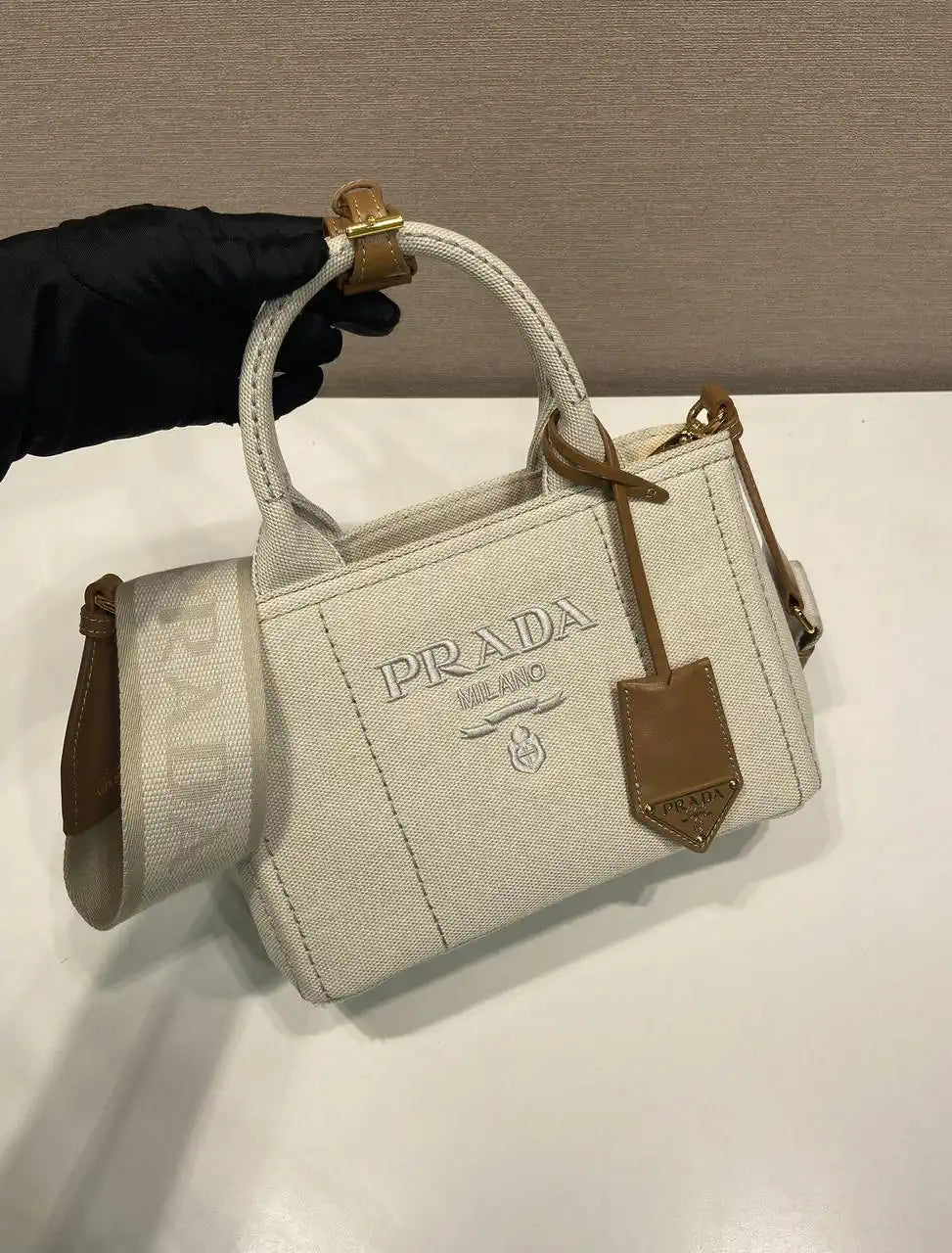 Prada 1BA038 Jardini¨¨re cotton canvas mini handbag beige