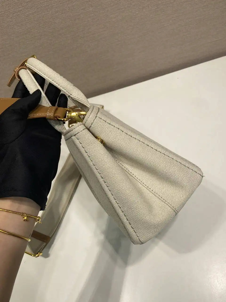 Prada 1BA038 Jardini¨¨re cotton canvas mini handbag beige