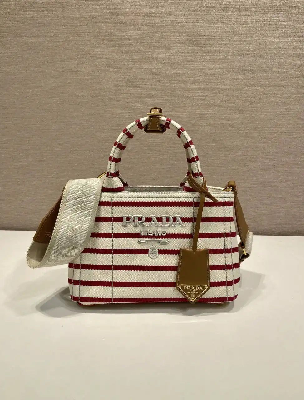 Prada 1BA038 Jardini¨¨re cotton canvas mini handbag Beige& Red