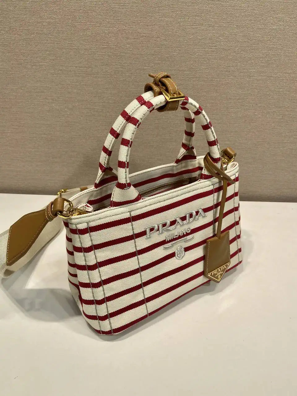 Prada 1BA038 Jardini¨¨re cotton canvas mini handbag Beige& Red