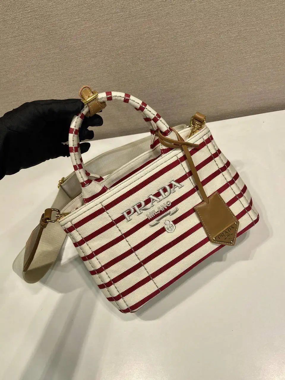 Prada 1BA038 Jardini¨¨re cotton canvas mini handbag Beige& Red