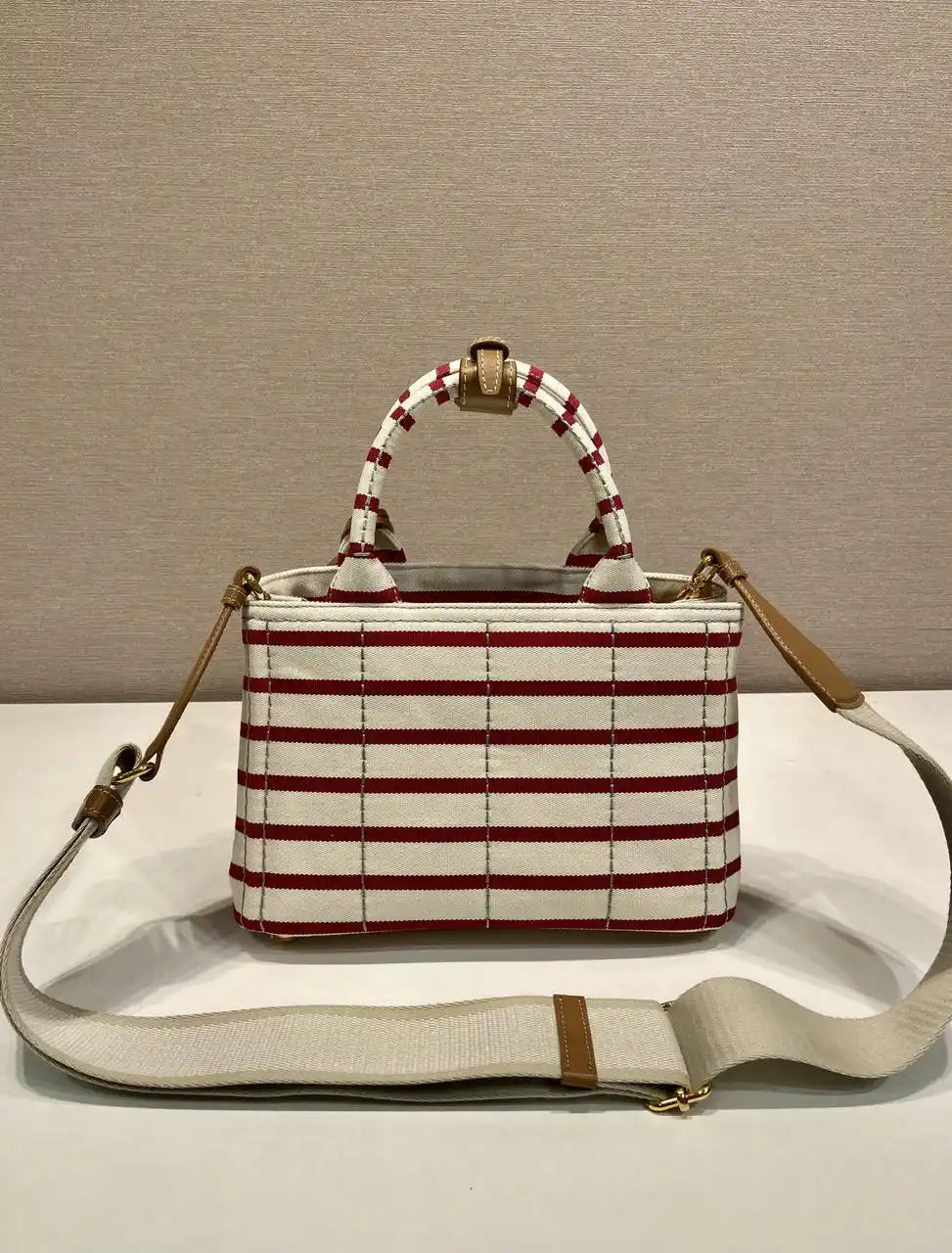 Prada 1BA038 Jardini¨¨re cotton canvas mini handbag Beige& Red