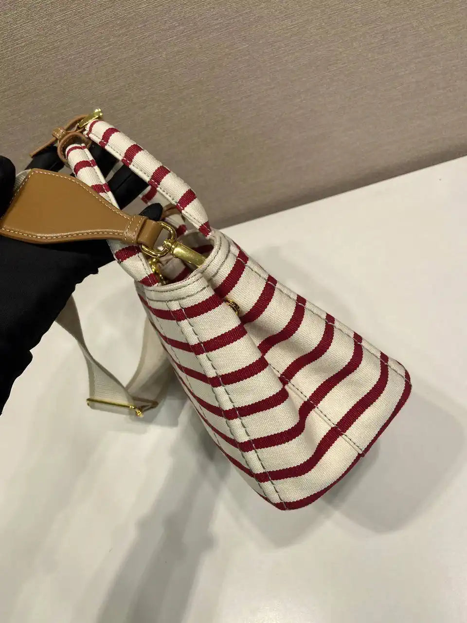 Prada 1BA038 Jardini¨¨re cotton canvas mini handbag Beige& Red