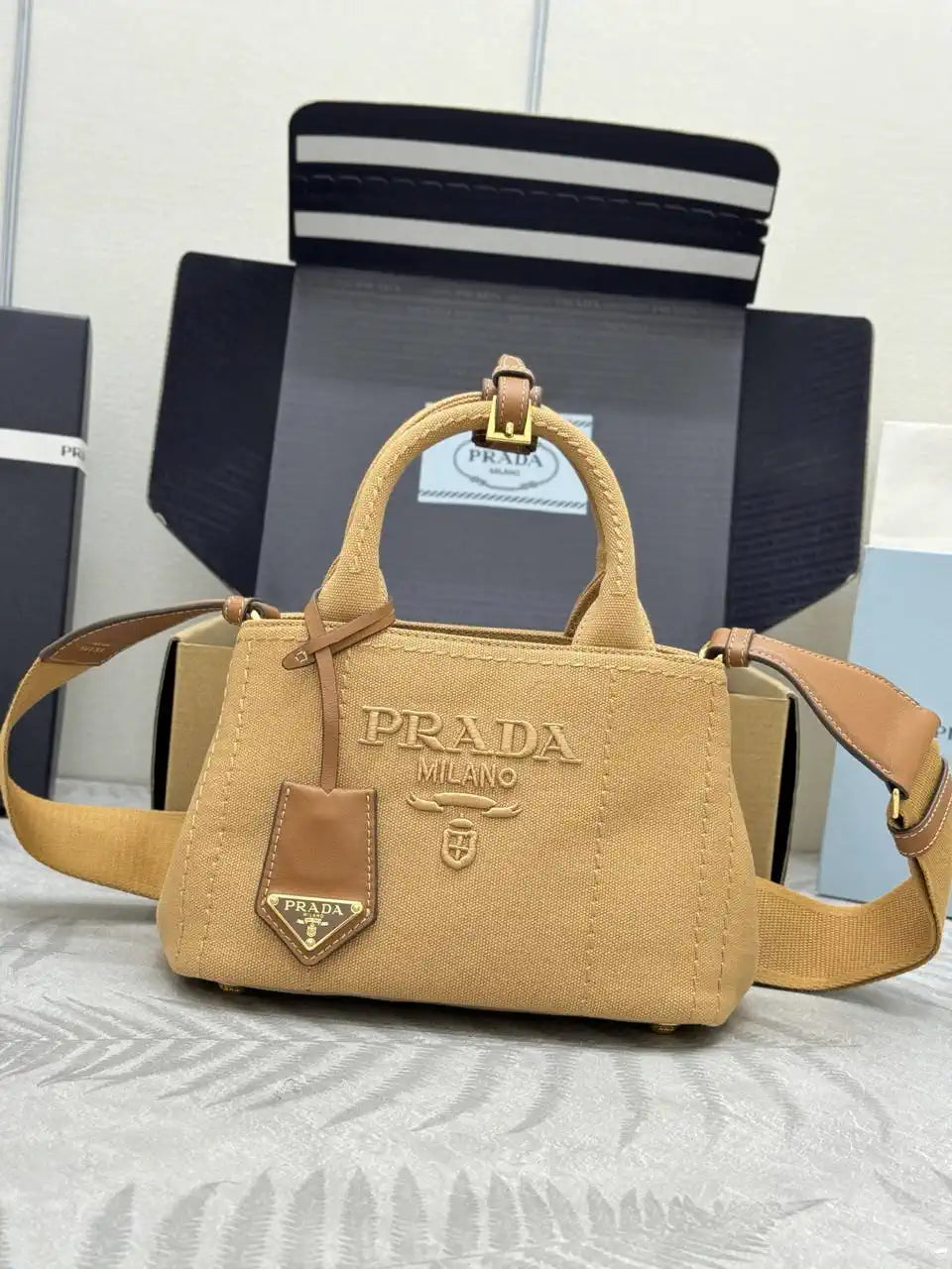 Prada 1BA038 Jardini¨¨re cotton canvas mini handbag Brown