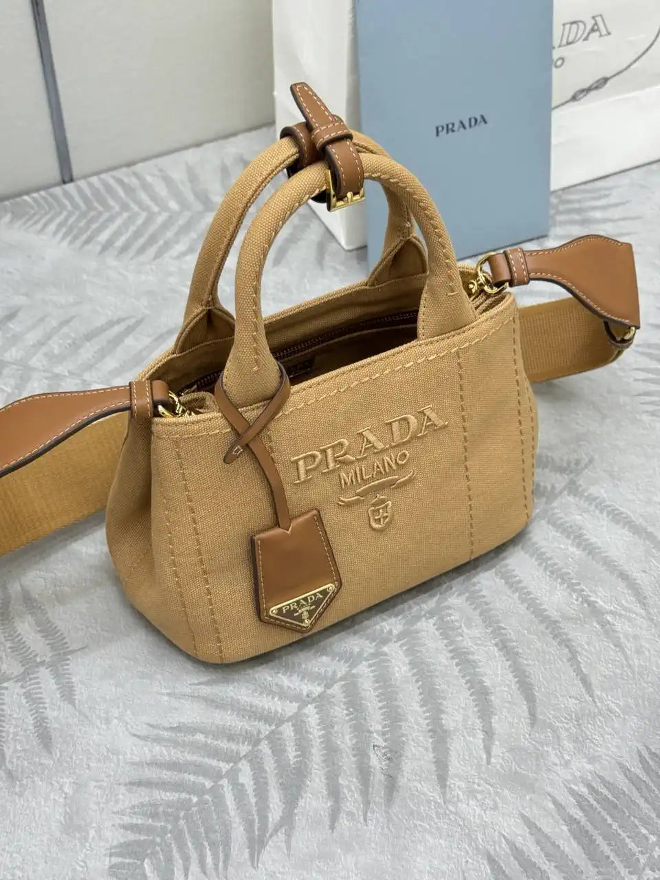 Prada 1BA038 Jardini¨¨re cotton canvas mini handbag Brown