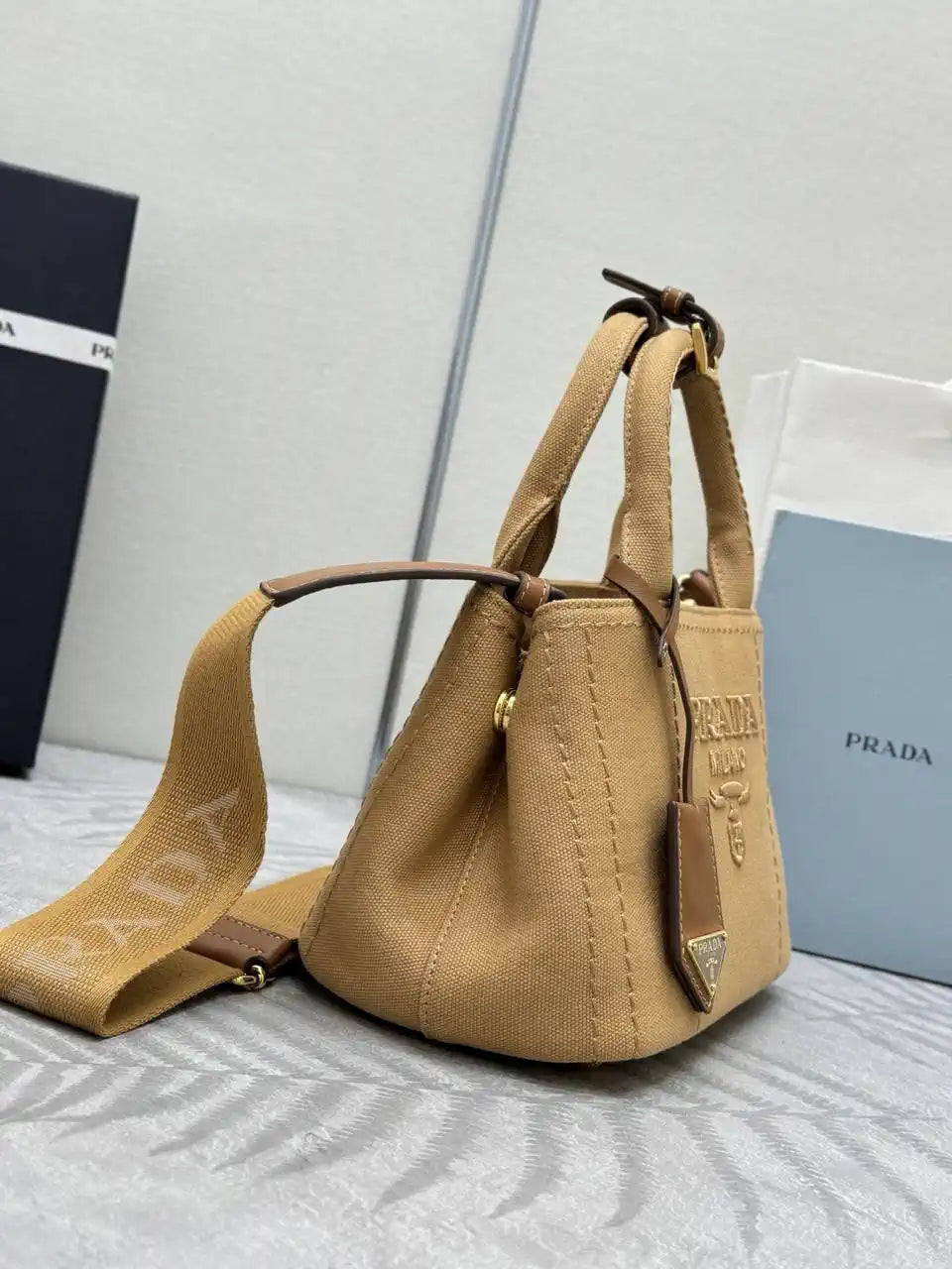 Prada 1BA038 Jardini¨¨re cotton canvas mini handbag Brown
