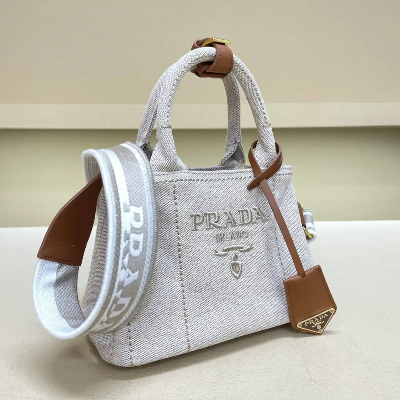 Prada 1BA038 Jardini¨¨re cotton canvas mini handbag Gray Whtie