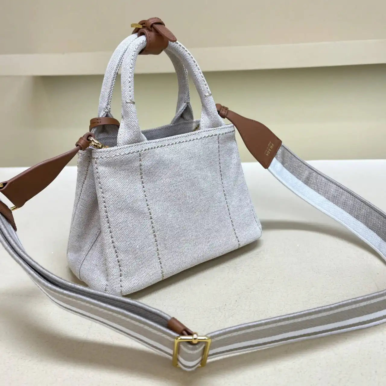 Prada 1BA038 Jardini¨¨re cotton canvas mini handbag Gray Whtie