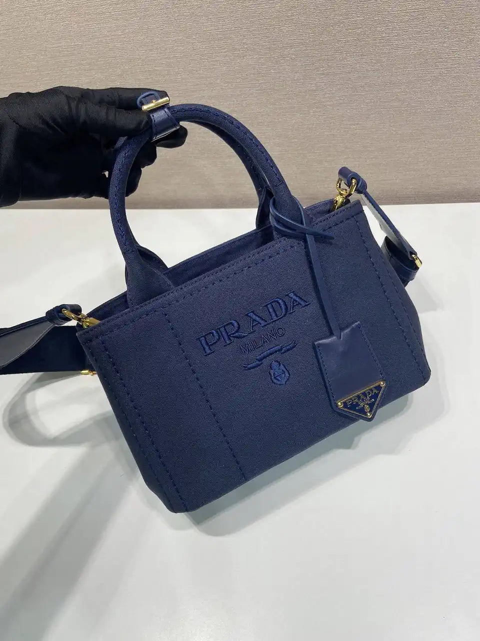 Prada 1BA038 Jardini¨¨re cotton canvas mini handbag navy