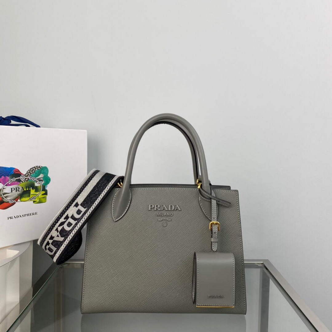 Prada 1BA156 Small Saffiano Leather Prada Monochrome Bag Slate Gray - Default Title - View 1