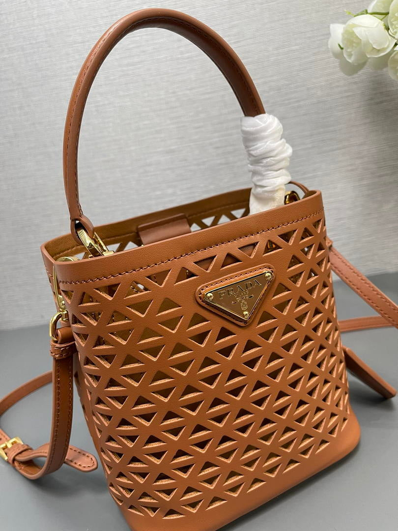 Prada 1BA217 Panier small Saffiano leather bag tan Hollow out