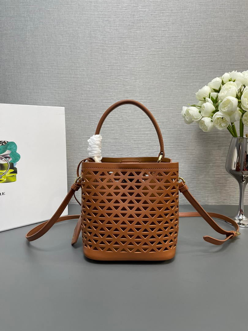 Prada 1BA217 Panier small Saffiano leather bag tan Hollow out