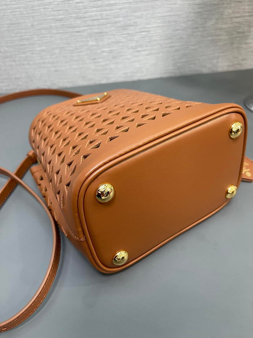 Prada 1BA217 Panier small Saffiano leather bag tan Hollow out