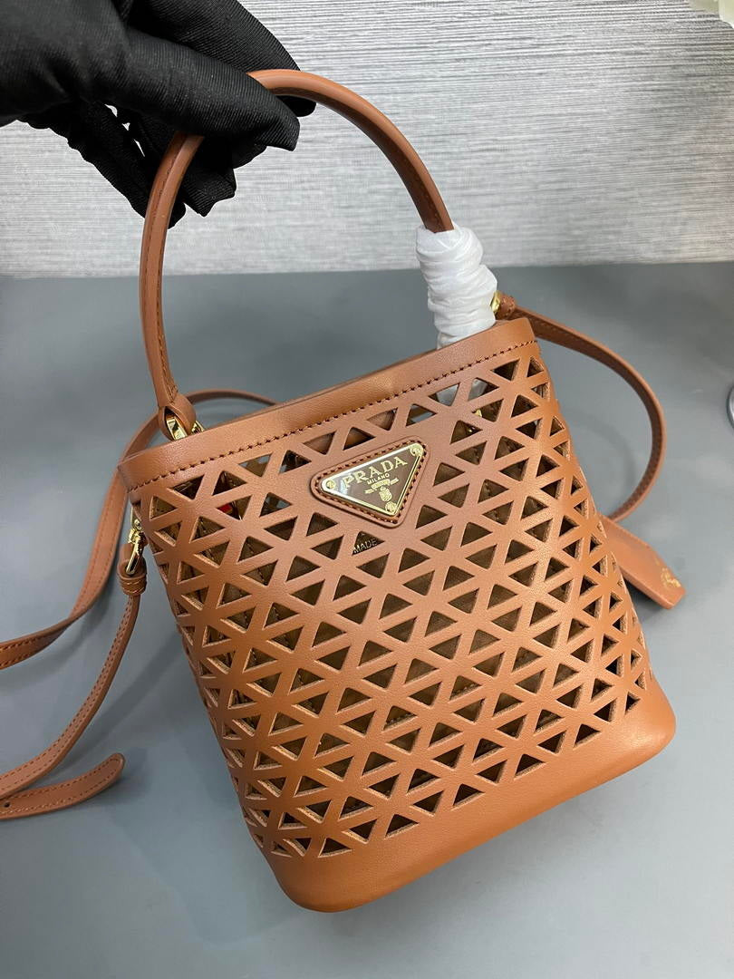 Prada 1BA217 Panier small Saffiano leather bag tan Hollow out